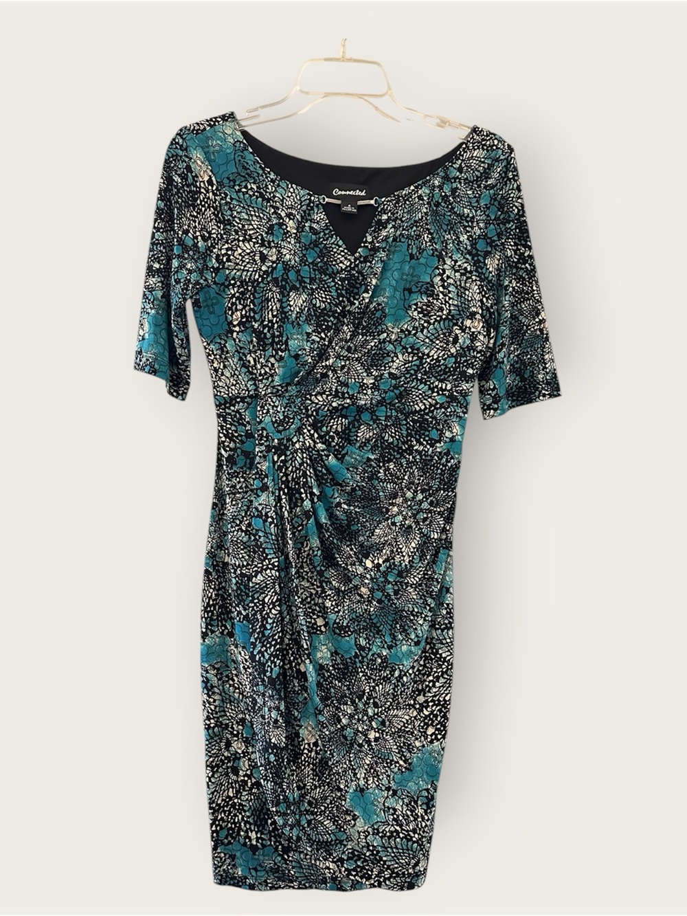 connected apparel Teal and Black Floral Ruched Midi Dress